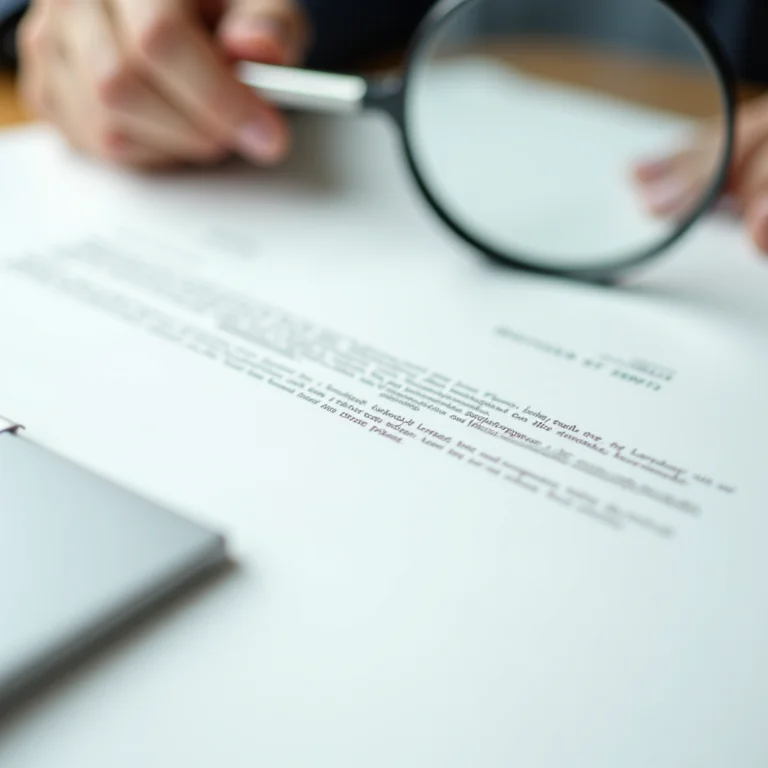 Contrato com letras miúdas sendo examinado com lupa.