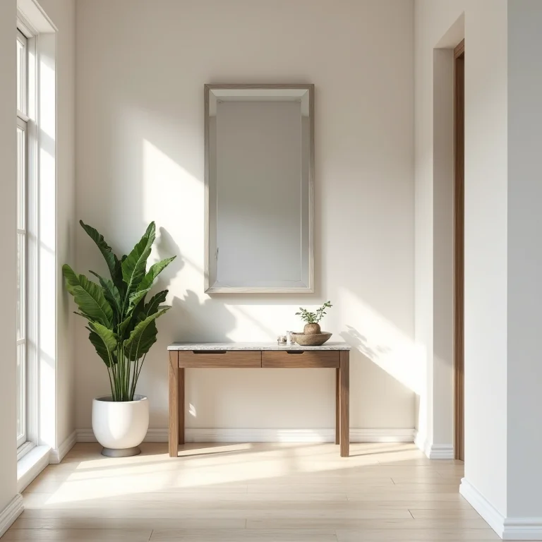 Corredor decorado com espelho e planta.