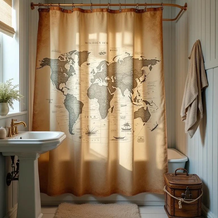 Cortina de chuveiro com mapa náutico e acessórios de banho temáticos.