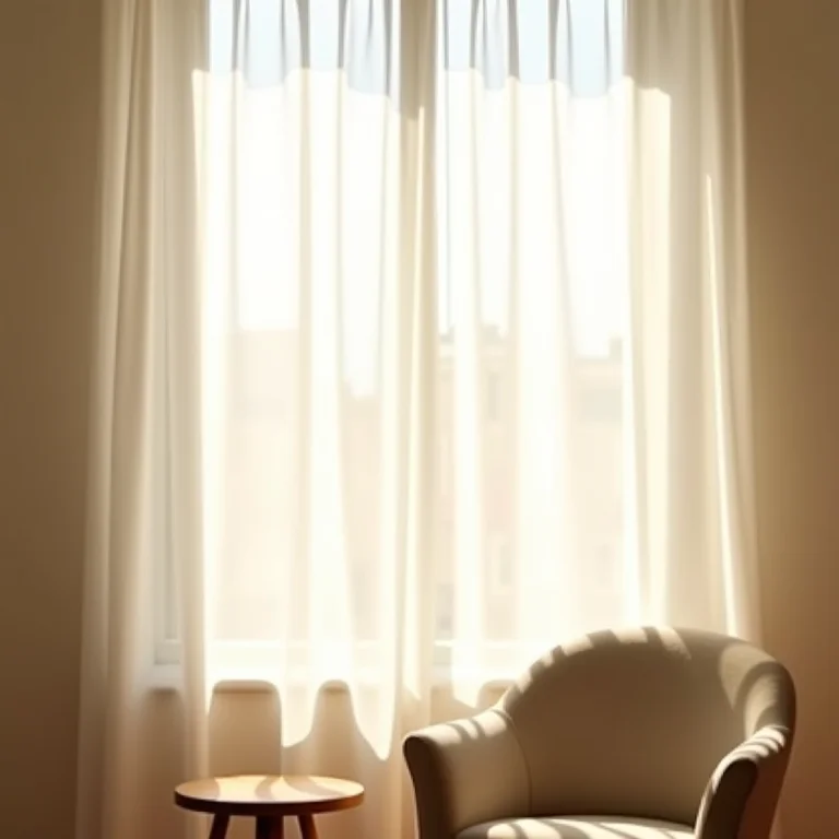 Cortina de linho translúcida filtrando a luz do sol.