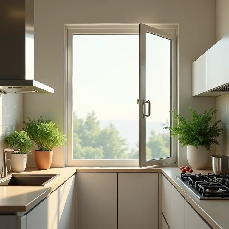 Cozinha corredor bem ventilada com janela aberta e plantas