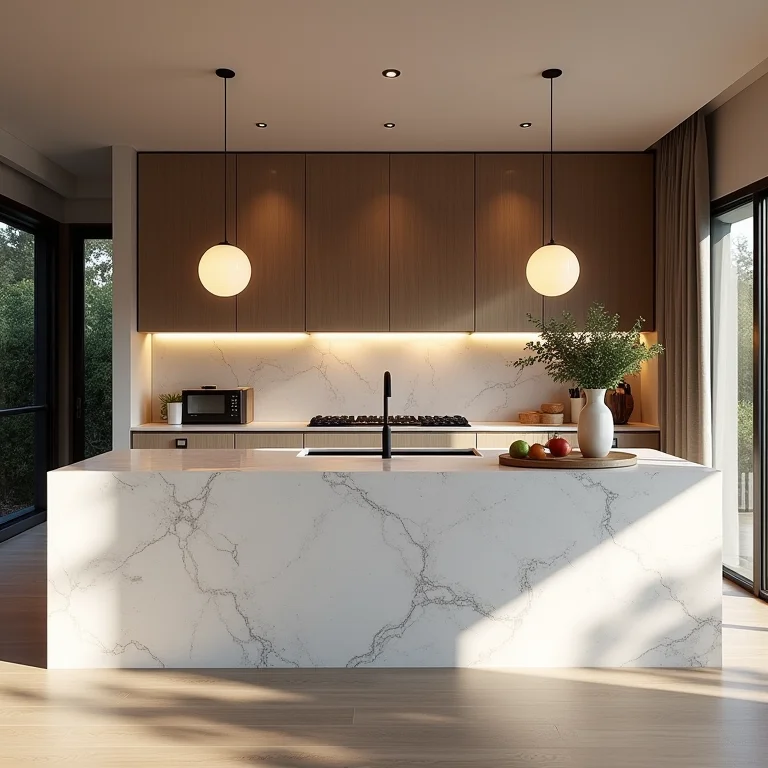 Cozinha de luxo com ilha de Quartzo Calacata.