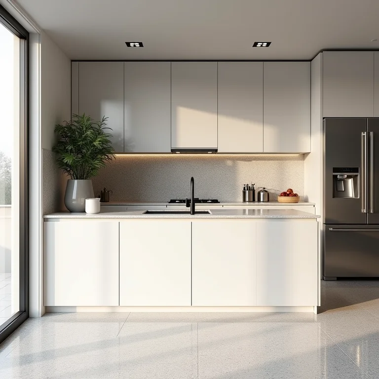 Cozinha moderna com bancada e piso de caco de mármore.