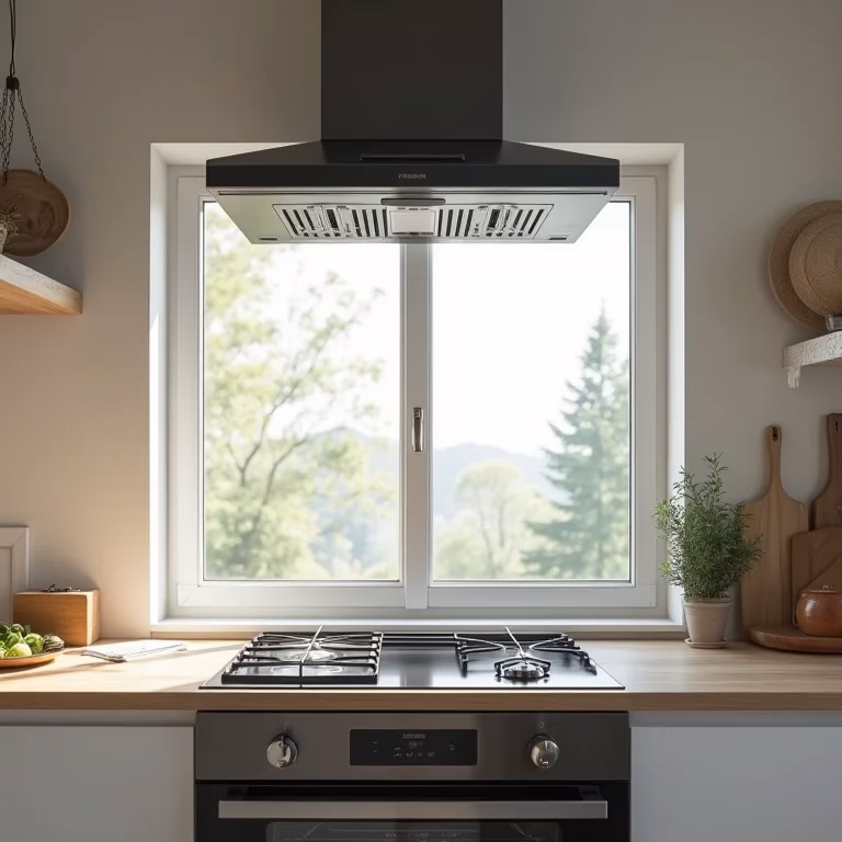 Cozinha moderna com janela aberta e exaustor ligado