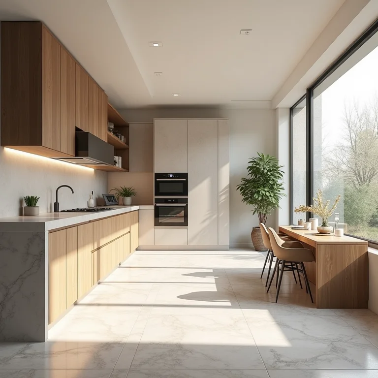 Cozinha moderna com piso e móveis harmonizados