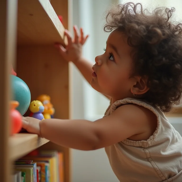 Criança alcançando brinquedo em prateleira baixa