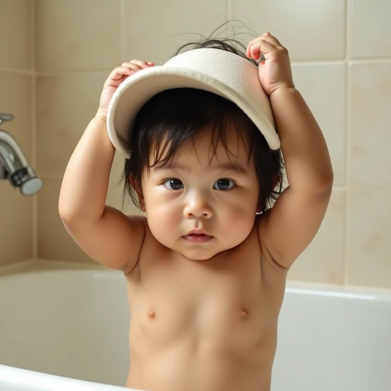 Criança lavando o cabelo sozinha com viseira de banho