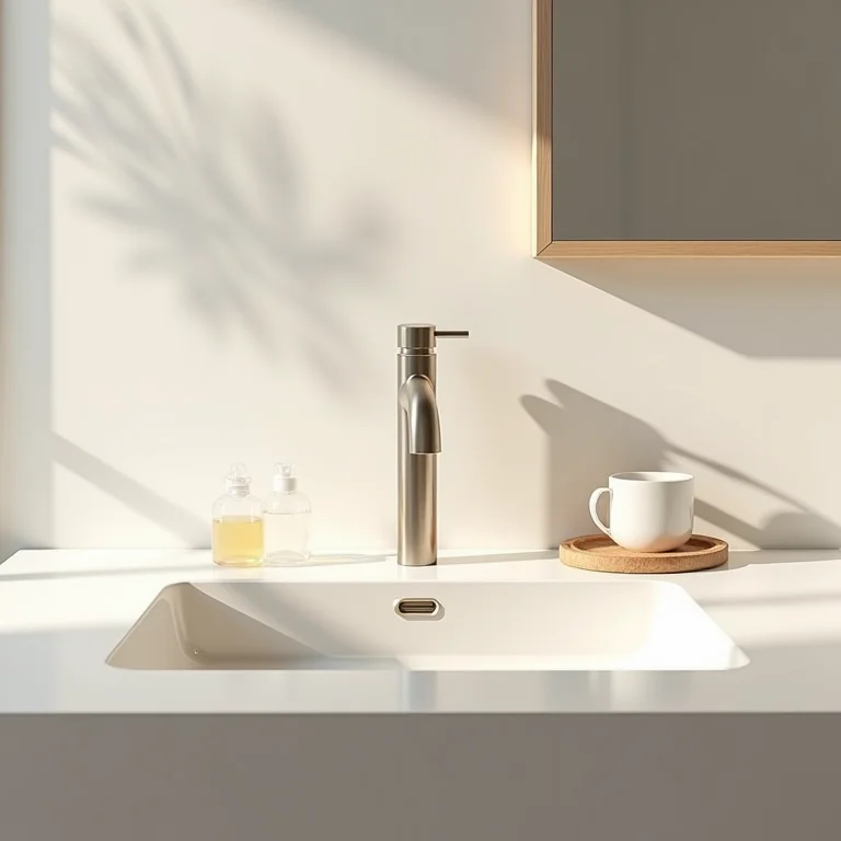 Cuba de embutir sendo instalada em bancada de banheiro clean.