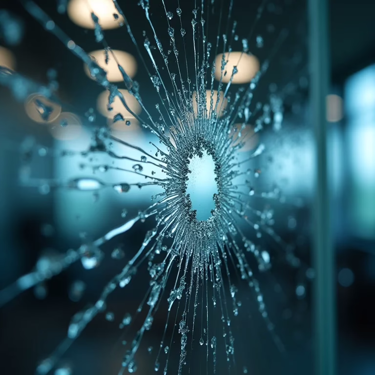 Danos à reputação de uma empresa refletidos em vidro quebrado.