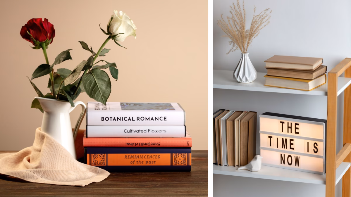 Composição Charmosa com Livros Empilhados e Plantas - inspiração