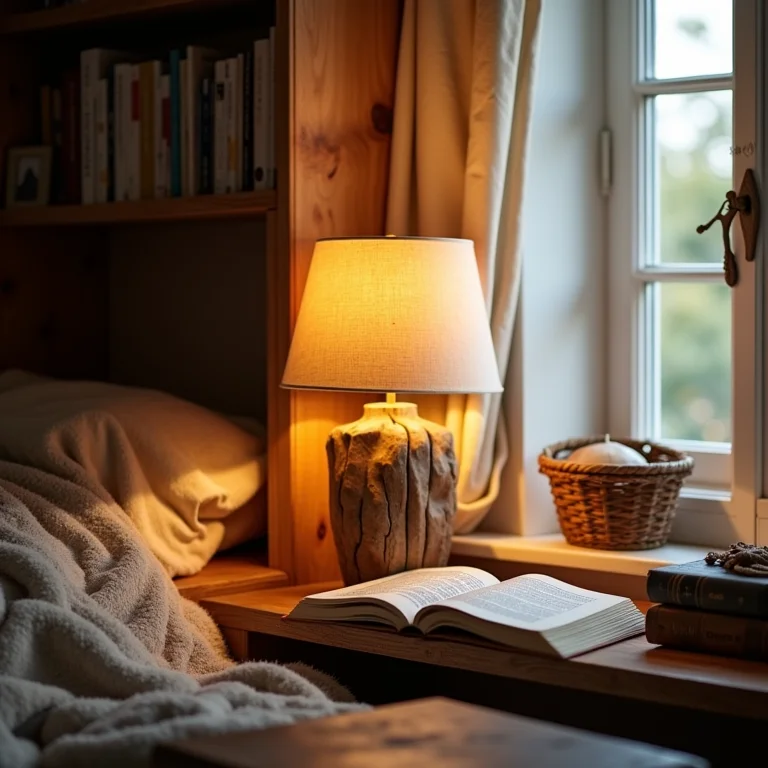 Decoração com materiais reciclados: luminária rústica de madeira reaproveitada em cantinho de leitura acolhedor.