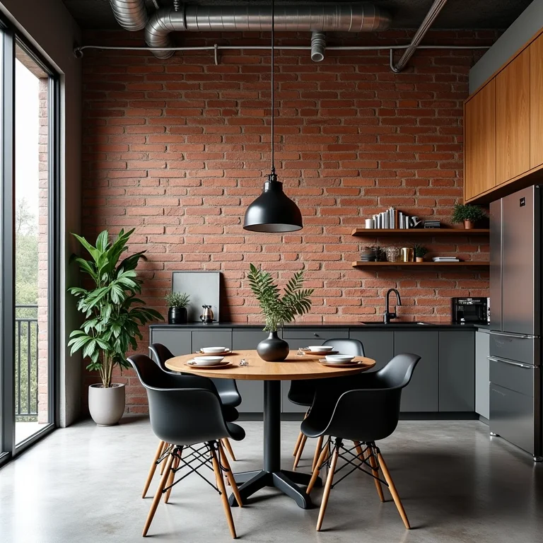 Decoração de apartamento pequeno industrial com tijolos aparentes e detalhes em metal