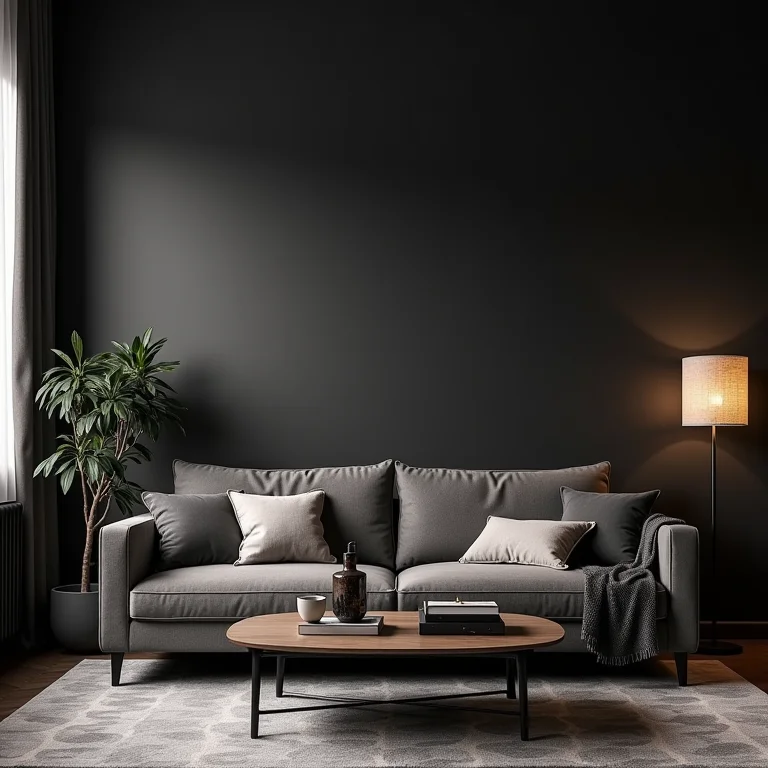 Decoração de apartamento pequeno masculino com design minimalista e paleta de cores escuras