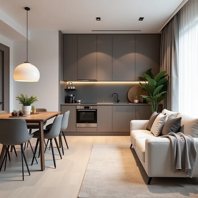 Decoração de apartamento pequeno sala e cozinha conjugada com design integrado