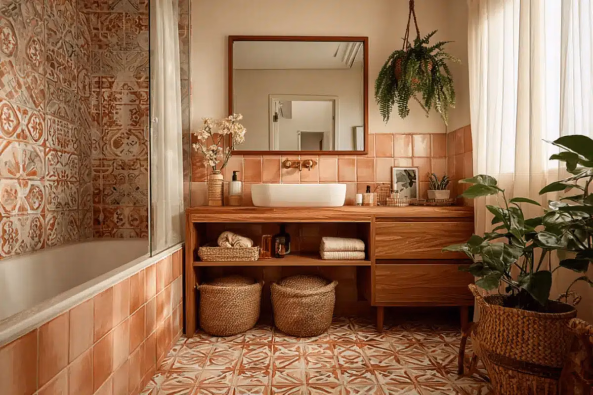 Banheiro Aconchegante com Toalhas Coloridas e Cestas de Vime - ideia