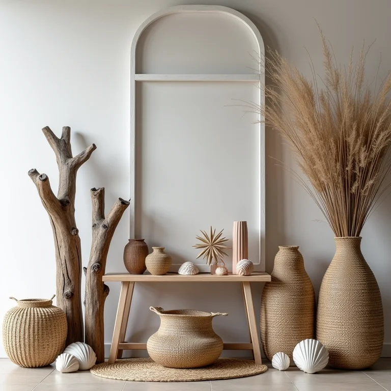 Decoração de casa de praia autêntica com madeira, conchas e cestos.