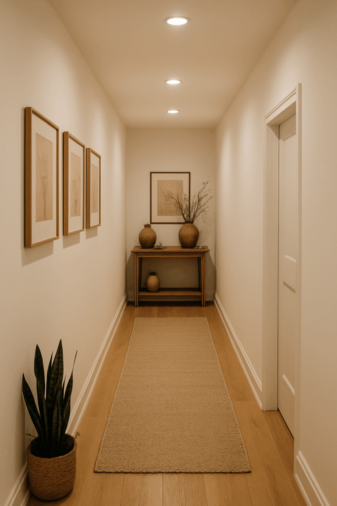 Corredor Aconchegante com Galeria de Fotos P&B e Iluminação Direcional - inspiração