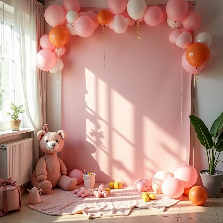 Decoração de festa infantil em casa com balões, serpentinas e painéis temáticos.