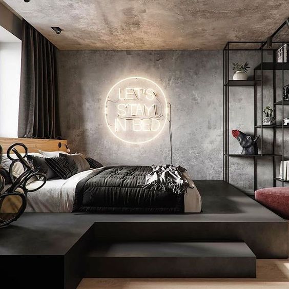 Quarto com Decoração Industrial e Toques de Concreto Aparente - inspiração
