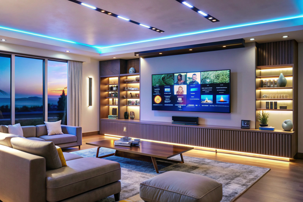 Luz e Sombra: Sala de TV com Iluminação Indireta e Detalhes Aconchegantes - ideia