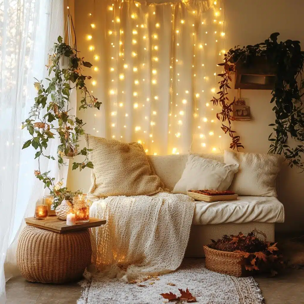 Decoração Charmosa com Pisca-Pisca e Fotos na Parede - ideia