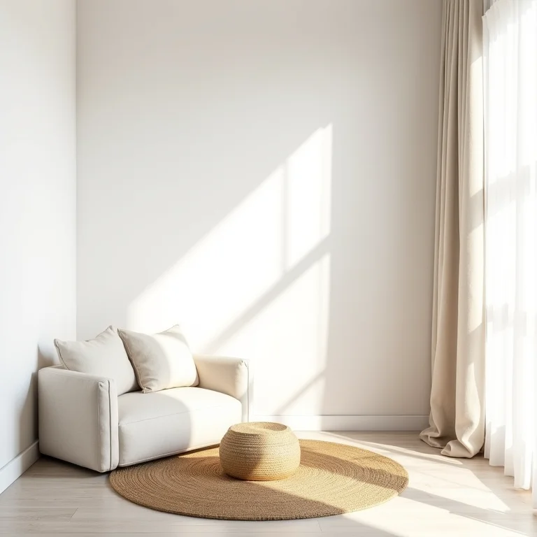 Decoração de sala simples na praia com paredes brancas e tapete de juta.