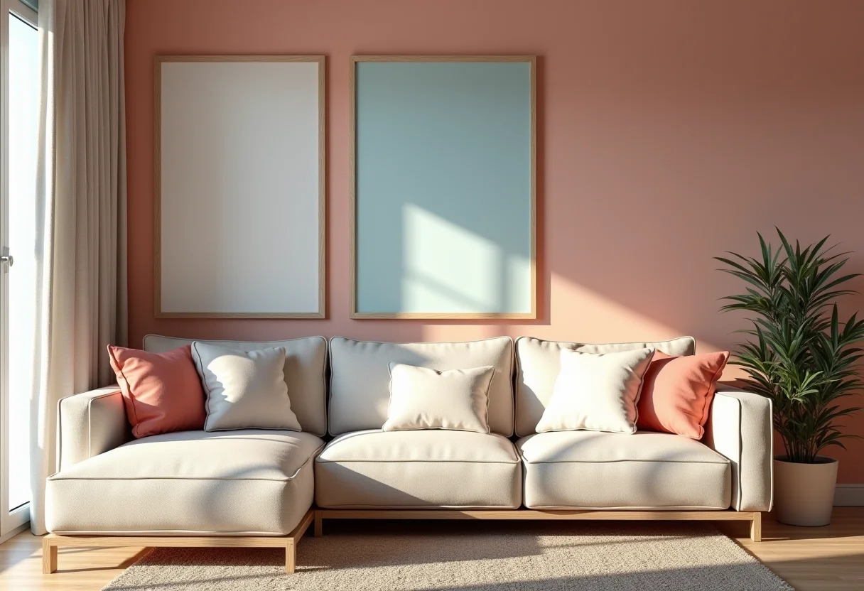 Decoração estilo praiano com paleta de cores suaves: azuis, bege e coral.