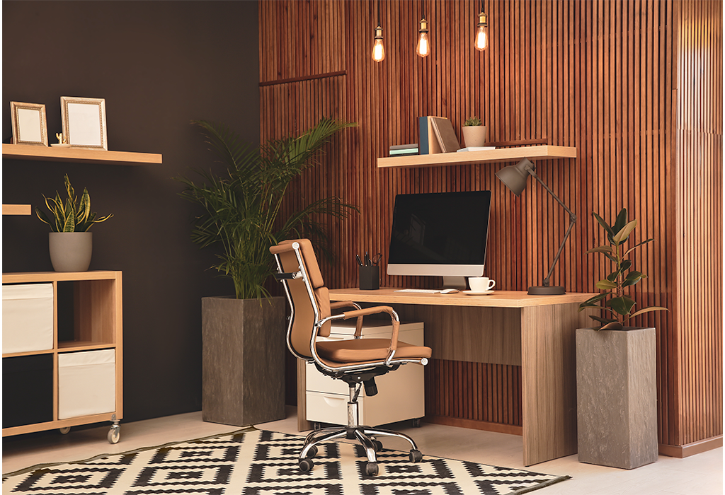 Home Office Elegante com Detalhes em Dourado e Cobre - ideia