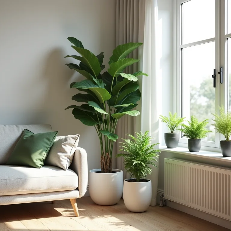 Decoração simples com plantas: Canto de sala com plantas em vasos minimalistas
