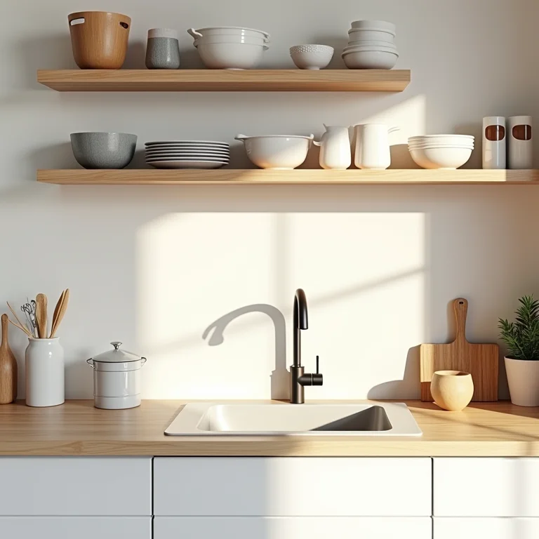 Decoração simples para cozinha pequena: Bancadas organizadas e prateleiras abertas