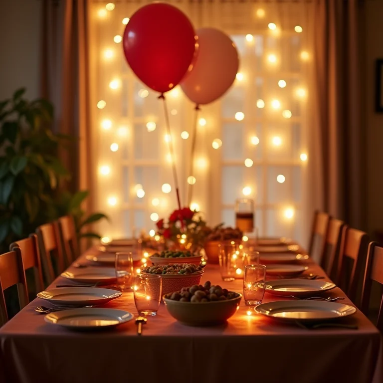 Decoração simples para festa em casa: Luzes de fada, balões e petiscos na mesa