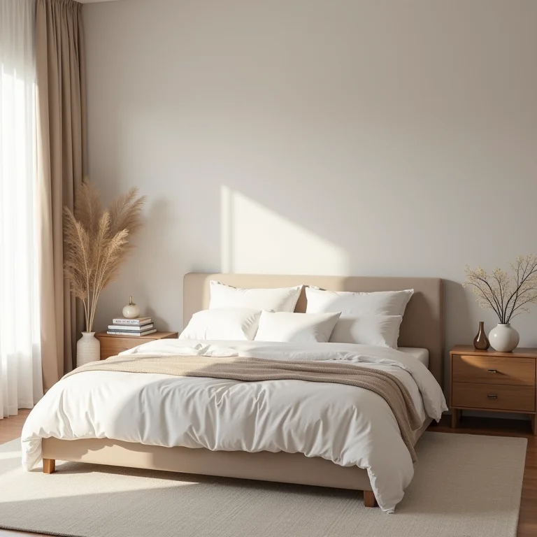 Decoração simples para quarto de casal: Roupa de cama neutra e cabeceira minimalista