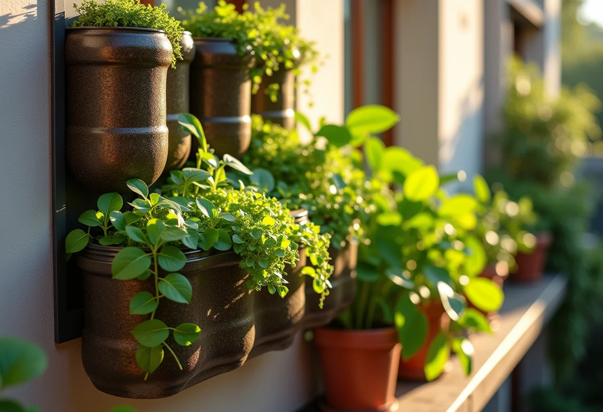 Decoração sustentável e econômica: jardim vertical DIY com garrafas PET em varanda ensolarada.