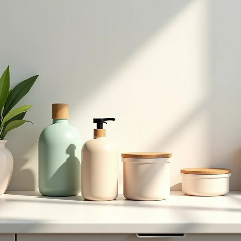 Decoração sustentável na cozinha: produtos de limpeza ecológicos e recipientes reutilizáveis.