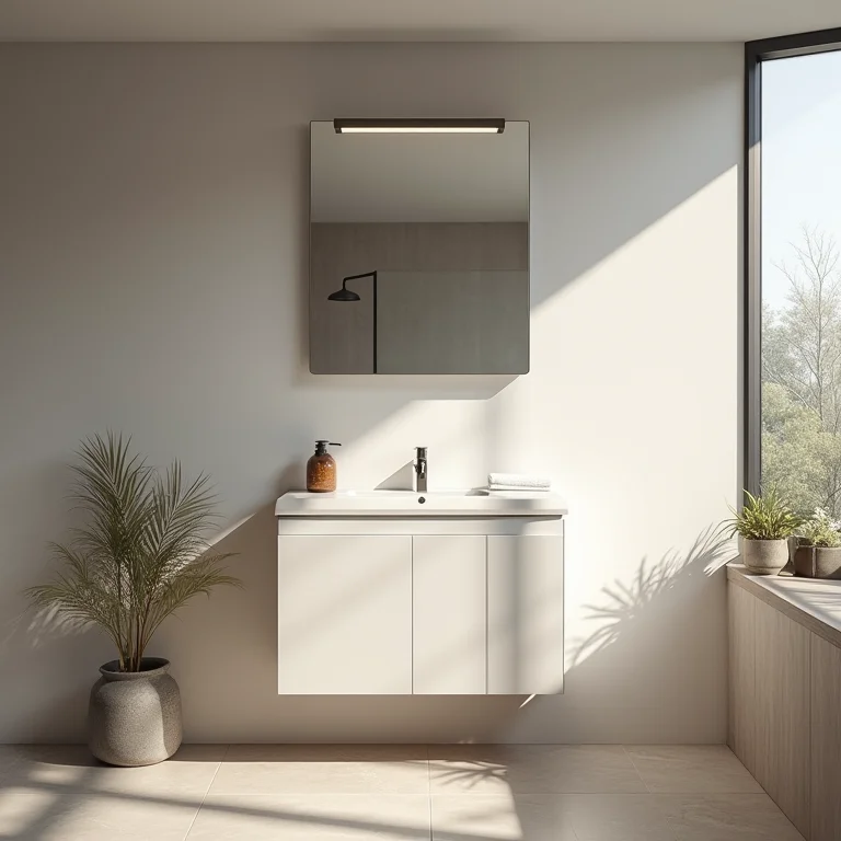 Design coordenado e harmônico em um banheiro com gabinete de 60cm.