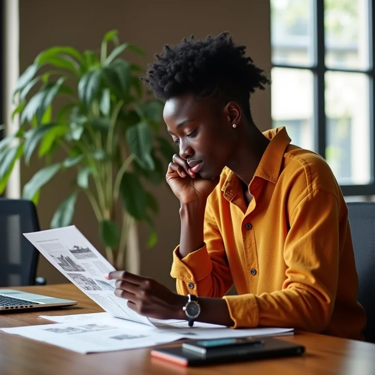 Designer não-binário negro estudando revista Arquitectura Viva em espaço de coworking moderno