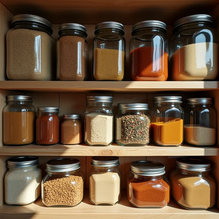 Despensa organizada com alimentos variados.