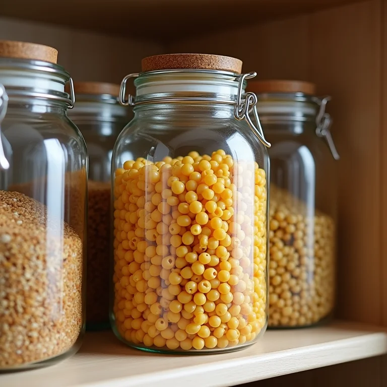 Despensa organizada com potes de vidro contendo alimentos secos