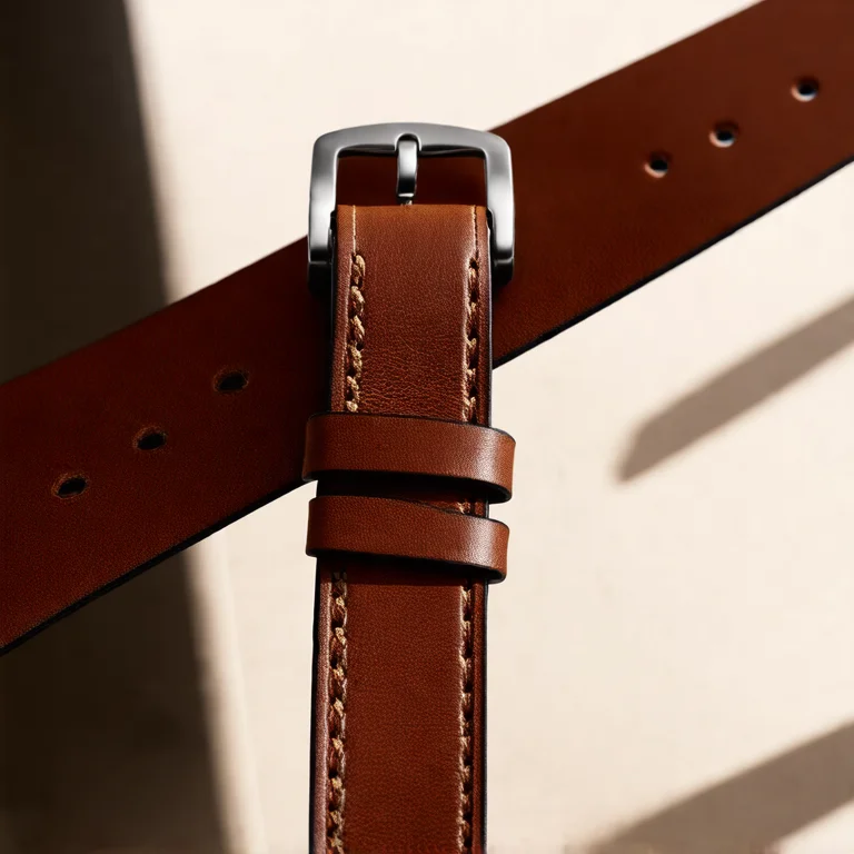 Detalhe da alça de couro e fivela do espelho Adnet em um estúdio de design.