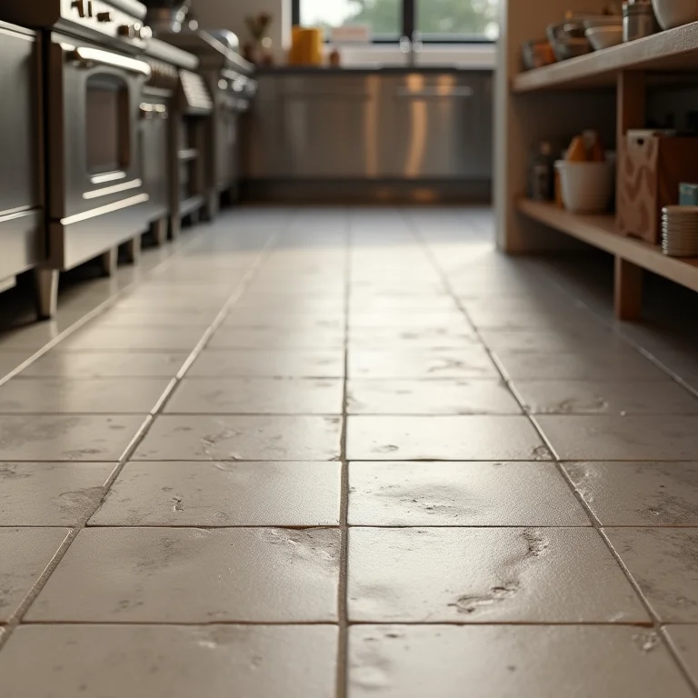 Detalhe da durabilidade e resistência de um piso de cozinha de restaurante.