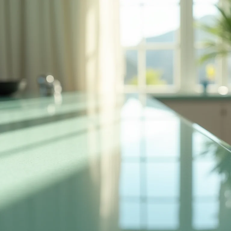 Detalhe da estética clean e moderna da bancada de vidro