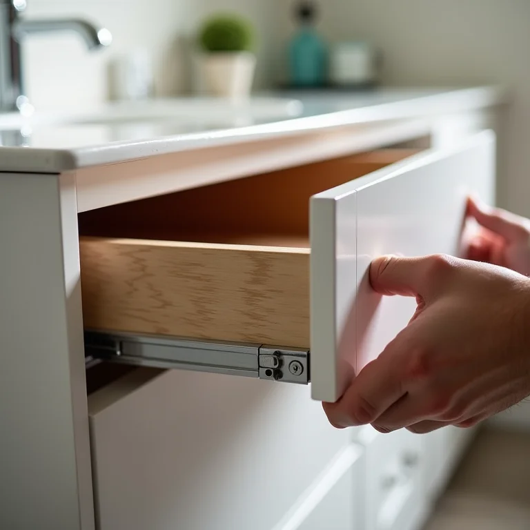 Detalhe da instalação de uma gaveta de gabinete de banheiro.
