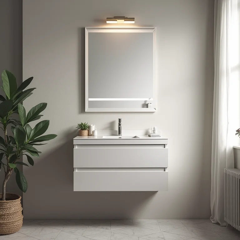 Detalhe da instalação fácil de um gabinete de banheiro de 60cm.