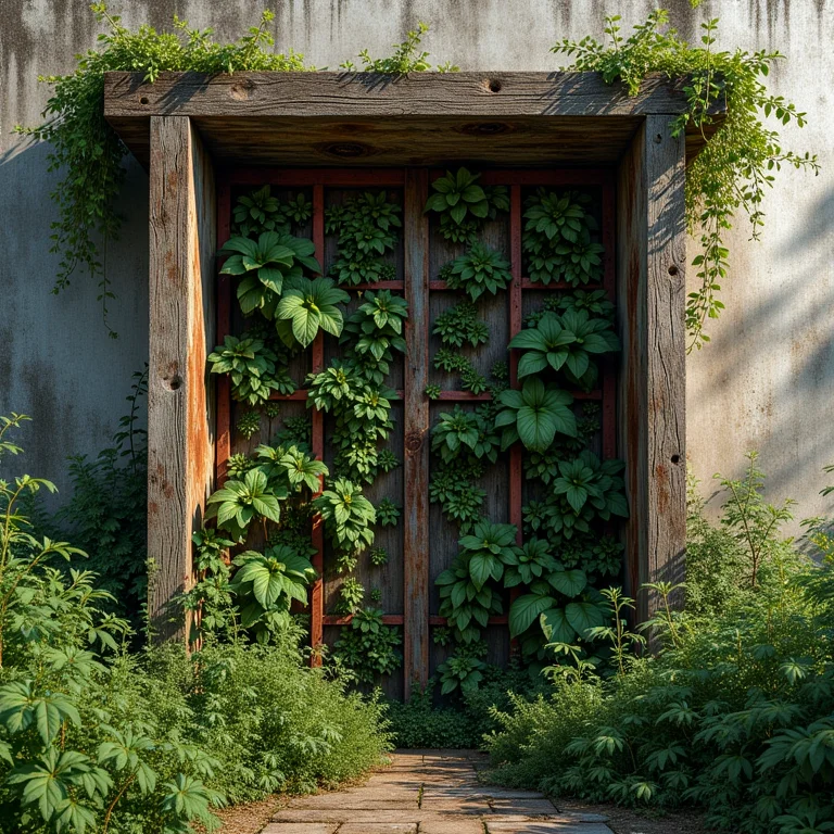 Detalhe de estrutura danificada de um jardim vertical antigo.