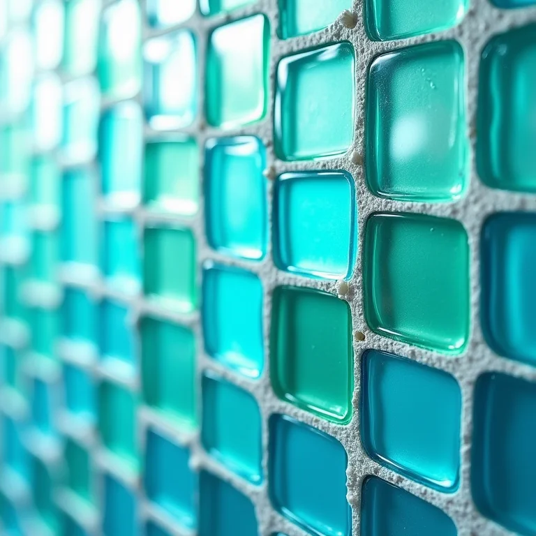 Detalhe de pastilhas de vidro azul e verde em banheiro