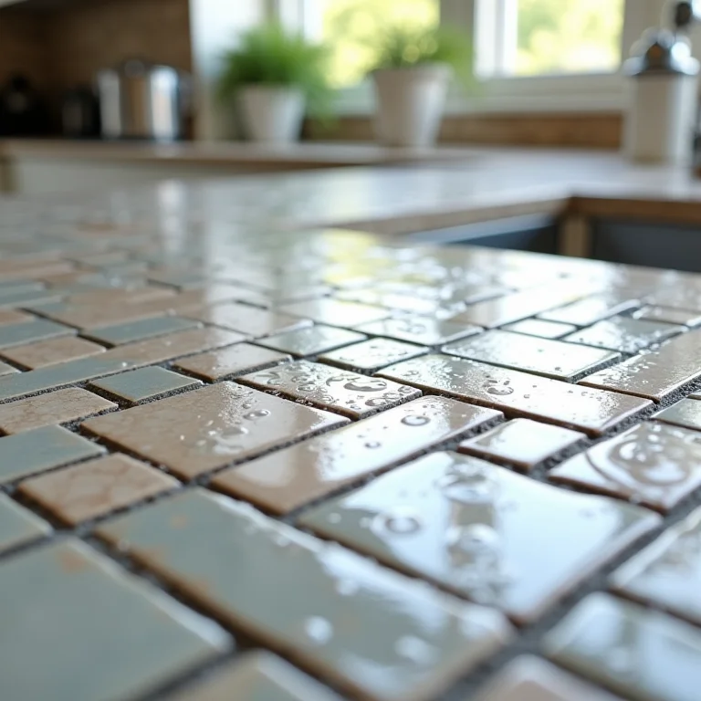 Detalhe de pastilhas resistentes em bancada de cozinha