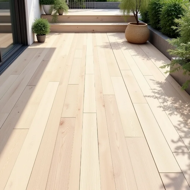 Detalhe de piso que imita madeira para varanda gourmet com elementos decorativos.