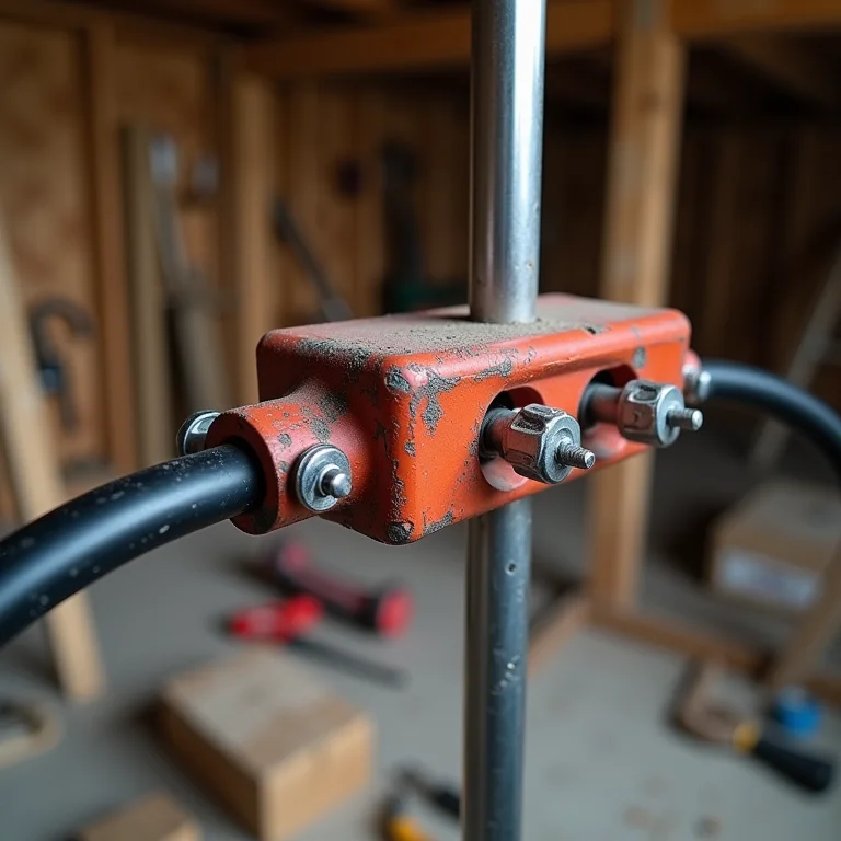 Detalhe de um conector de aterramento elétrico em um canteiro de obras.