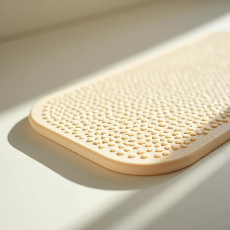 Detalhe de um tapete de borracha natural antiderrapante para banheiro.