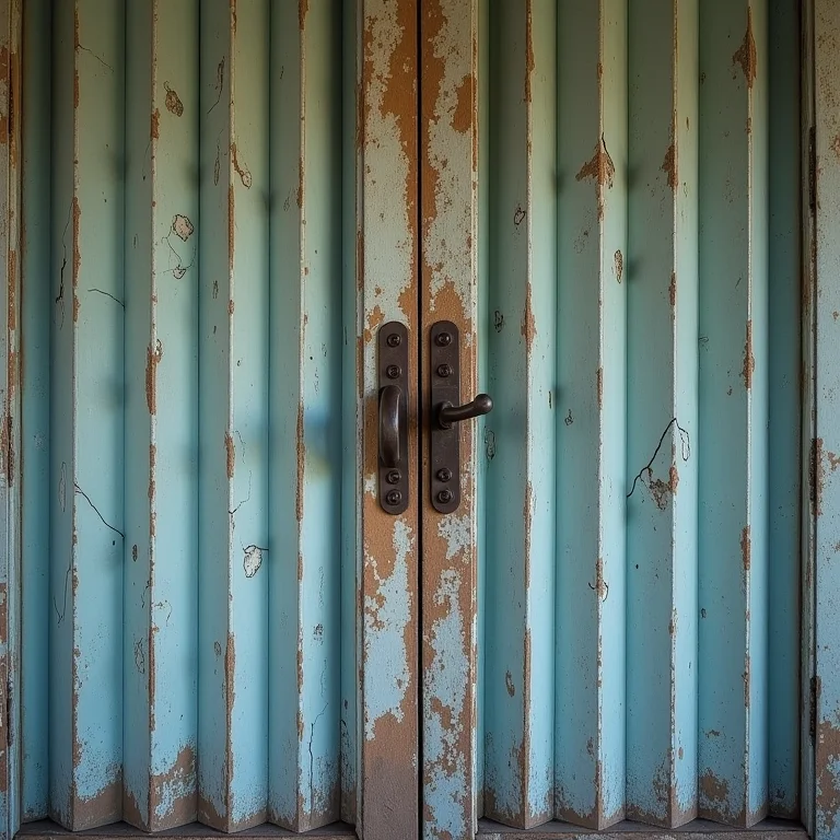 Detalhe de uma porta sanfonada desgastada pelo tempo